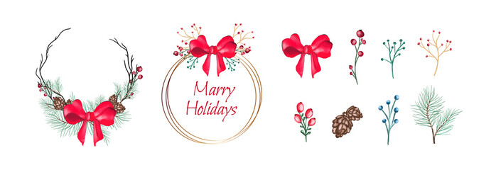 Vector round Christmas wreath with with winter flowers isolated on white. © Katisko