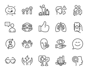 Vector set of Teamwork chart, Eyeglasses and Customer satisfaction line icons set. Safe energy, Cough and Airport transfer icons. Smile chat, Women group and Users chat signs. Vector