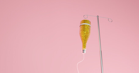 3d illustration, 3d rendering. Bottle of champagne hanging in drip stand.