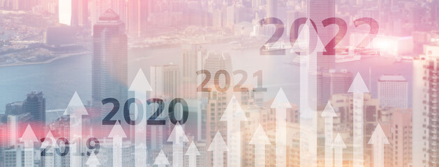 2022 concept illustration. Graph of economics growth. Corpotare concept new year. Mixed Media