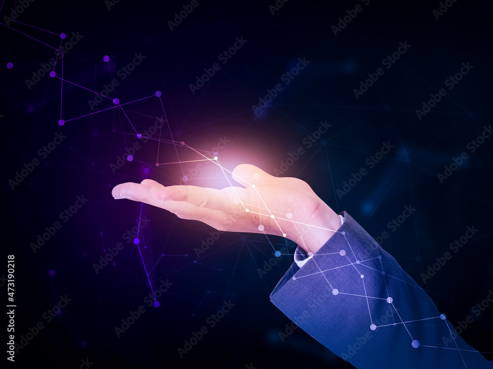 Poster Abstract Networking Concept Background with Young man Hand. Technology and Network dots connecting backdrop design