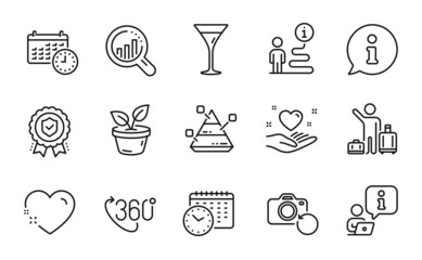 Business icons set. Included icon as Insurance medal, Airport transfer, Leaves signs. Hold heart, Heart, Pyramid chart symbols. Calendar time, Recovery photo, 360 degree. Martini glass. Vector