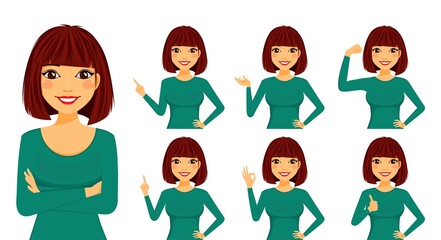 Set. The girl makes gestures with her hands. Flat style on a white background. Cartoon