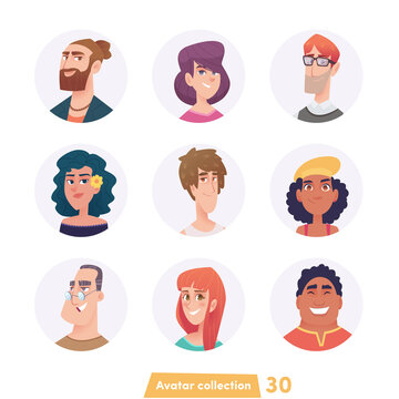 Collection of charismatic cartoon avatars. Vector isolated heads of men and women characters. Adults, young people.