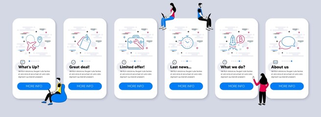Naklejka premium Technology icons set. UI phone app screens with teamwork. Included icon as Sale tags, Timer, Bitcoin project signs. Tool case, Airplane, Messenger line icons. Vector