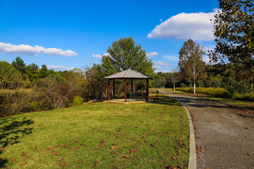 a shot of a red and gray pergola in the park with fallen autumn leaves on the grass and gorgeous...