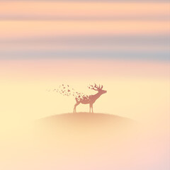 Stag and flying birds. Red deer. Endangered animal. Death, afterlife