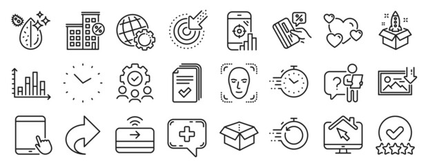 Set of Technology icons, such as Search employee, Timer, Globe icons. Targeting, Open box, Seo phone signs. Download photo, Heart, Rating stars. Loan house, Share, Medical chat. Tablet pc. Vector