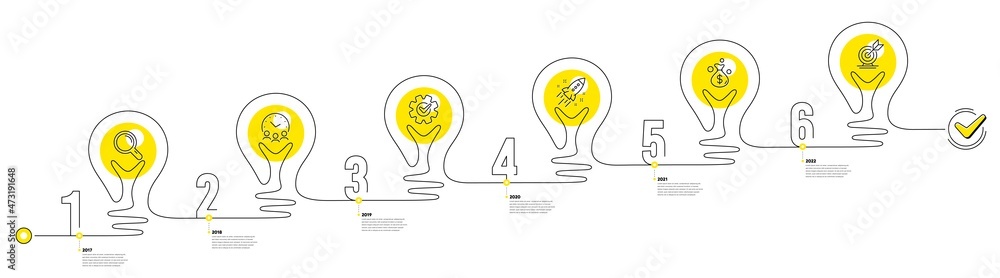 Poster business infographic timeline with 6 steps. lightbulb journey path infographics. workflow process di