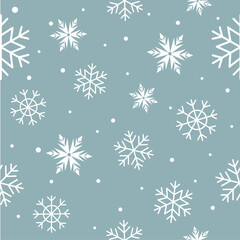 Abstract Seamless pattern with snowflakes and snow on lightblue background.  New Year and Merry Christmas card. Ideal for fabric,  decor, print, textile, wrapping, wallpapers, web background, cover