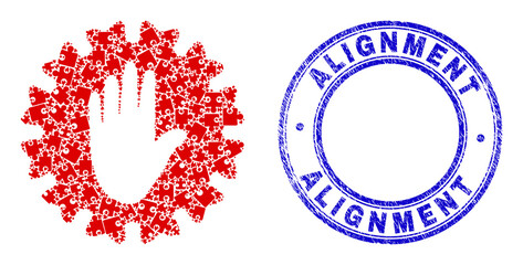 Puzzle stop hand coronavirus mosaic icon and Alignment seal stamp. Blue vector rounded distress seal stamp with Alignment message.