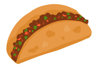 Taco, corn tortilla filled. Hand drawn vector illustration in flat style. Mexican food single doodle. Cartoon clipart isolated on white background.