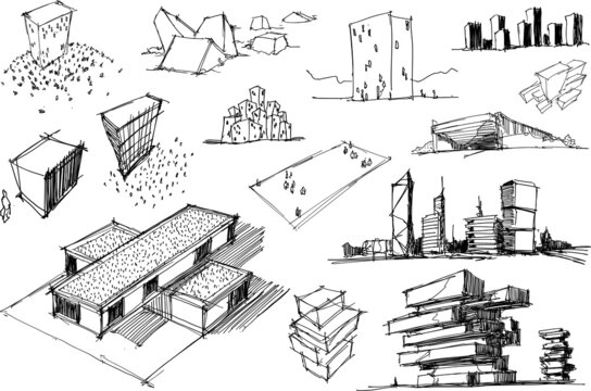 many hand drawn architectectural sketches of a modern abstract architecture and detached houses and urban ideas 