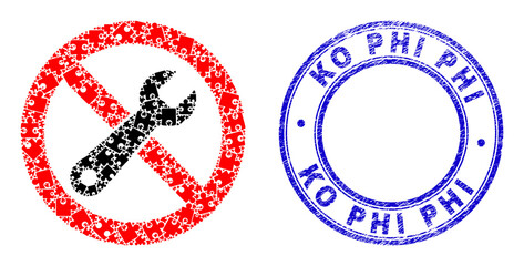 Puzzle forbidden repair mosaic icon and Ko Phi seal stamp. Blue vector round scratched seal stamp with Ko Phi phrase. Abstract mosaic of forbidden repair icon constructed of puzzle plugins.
