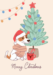 Stylish dog Jack Russell Terrier on christmas card. Vector greeting card in flat style with lettering Merry Christmas
