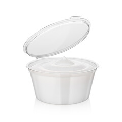 Open creamy sauce in dip container isolated on white. 3D rendering,