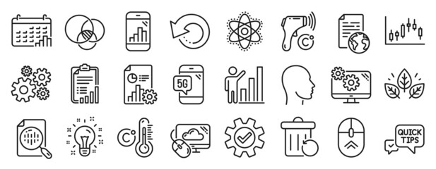 Fototapeta premium Set of Science icons, such as Graph chart, Checklist, Idea icons. Cloud computing, Report, Recovery trash signs. Euler diagram, Quick tips, Graph phone. Settings, Celsius thermometer, Head. Vector