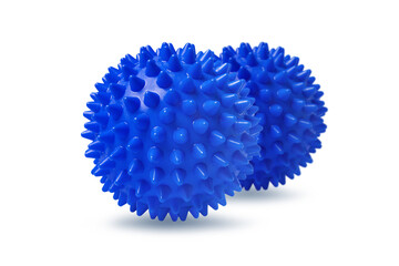 Two blue spiny massage balls isolated on white. Concept of physiotherapy or fitness. Closeup of a colorful rubber ball for dog teeth on a white color background. Corona virus model.