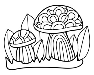 Coloring page forest mushrooms in the grass with leaves. Hand drawn vector thin line art illustration. Coloring book for children and adults.
