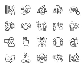 Vector set of Yummy smile, Teamwork and Workflow line icons set. Wash hand, Work home and Victory hand icons. Washing hands, Employees handshake and Engineering team signs. Vector