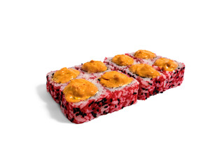 Uramaki roll isolated on white background. Japanese sushi roll with red caviar, black sesame and sauce