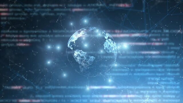 Digital network Earth globe on computer screen with blurred code data futuristic animation background. 
