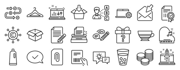 Set of line icons, such as Opened box, Ice tea, Idea lamp icons. Shampoo, Mocha, Copywriting network signs. Start business, Typewriter, Attachment. Keywords, Certificate, Get box. Tips. Vector