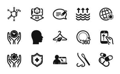 Fototapeta premium Vector set of 360 degrees, Slow fashion and Online education icons simple set. Employee hand, Swipe up and Head icons. Evaporation, Augmented reality and Nasal test signs. Vector