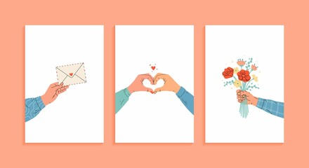 Set of three greeting cards for Valentine's day or Wedding.  Love, romantic relationship, Valentine's day, anniversary, wedding concept. Vector illustration in trendy style.