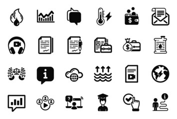 Vector Set of Education icons related to Justice scales, Checkbox and Electricity icons. Document signature, Mail newsletter and Analytical chat signs. Vacancy, Agreement document and Salary. Vector