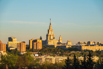 Aerial view of moscow state university at sunset light in Moscow, Russia