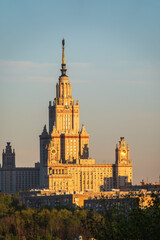 Naklejka premium Aerial view of moscow state university at sunset light in Moscow, Russia