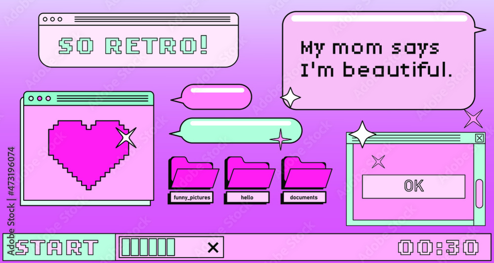 Poster Retrowave user interface, retro operating system with message boxes and folders. Cute vaporwave vector illustration.