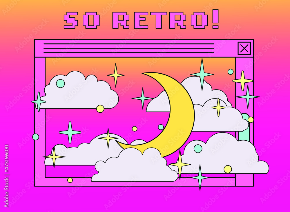 Poster retro cartoon style desktop with user interface elements. cute vaporwave vector illustration.