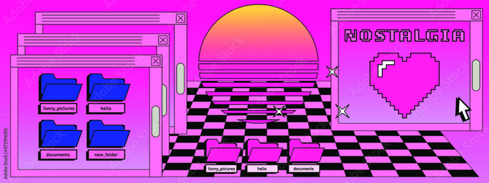 Poster Retrowave style operating system with message boxes and folders. Vaporwave style vector illustration.