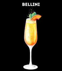 Bellini cocktail illustration. Alcoholic cocktail hand drawn illustration. Color sketch. Colored pencil drawing. Isolated object