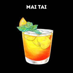 Mai Tai cocktail illustration. Alcoholic cocktail hand drawn illustration. Color sketch. Colored pencil drawing. Isolated object
