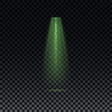 Green Spotlight. Green Laser Beam On Transparent Background. Laser Rays, Lighting Effect On Transparent Black Background.