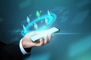 Businessman selects a new employee among candidates on phone. Futuristic hologram, innovative....