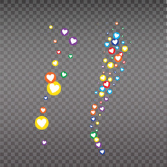 Live like, flying color hearts for stream. Live video and flying likes. Social media elements falling.