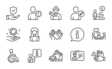 People icons set. Included icon as Disability, Time management, Dont touch signs. Court jury, Edit user, Insurance hand symbols. Repairman, Smartphone holding, Employee hand. Woman. Vector