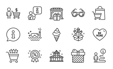 Holidays icons set. Included icon as Ice cream, Sunglasses, Circus signs. Discount, Gift shop, Fireworks rocket symbols. Surprise, Scuba diving, Be mine. Sale bags, Buyer, Shopping rating. Vector