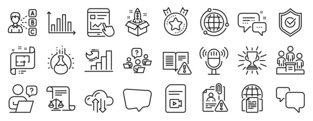 Obraz na płótnie Canvas Set of Education icons, such as Chat message, Growth chart, Architectural plan icons. Globe, Ranking star, Online question signs. Internet report, Startup, Business podium. Trophy, Opinion. Vector