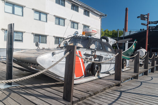 Turku, Finland - August 6, 2021: Finnish border guard Amphibian NE 3000 3500 hydrocopter KR 215 in Forum Marinum maritime museum.