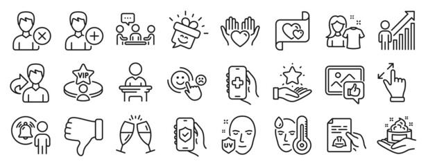 Fototapeta na wymiar Set of People icons, such as Champagne glasses, Hold heart, Love letter icons. Share, People chatting, Smile signs. Remove account, Like photo, Add person. Touchscreen gesture, Clean shirt. Vector