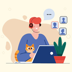 A man with a ginger cat sits in headphones at a laptop. Illustration of remote work, work in a call center