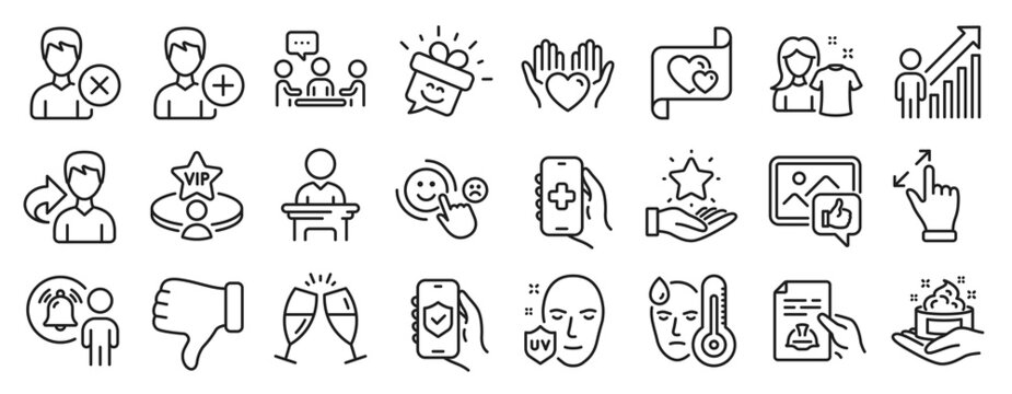 Set of People icons, such as Champagne glasses, Hold heart, Love letter icons. Share, People chatting, Smile signs. Remove account, Like photo, Add person. Touchscreen gesture, Clean shirt. Vector