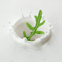 Arugula, rocket, eruca, rucola leaf falls into milk, yoghurt, sour cream, Splash