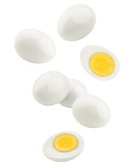 Falling boiled Egg without shell, isolated on white background, clipping path, full depth of field