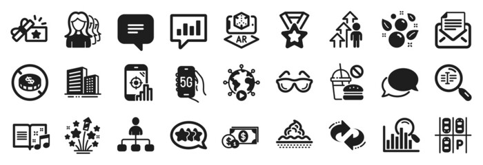 Set of Business icons, such as Video conference, Buildings, Loyalty gift icons. Clean bubbles, 5g internet, Eyeglasses signs. Dollar money, Management, Fireworks stars. Stars, No cash. Vector